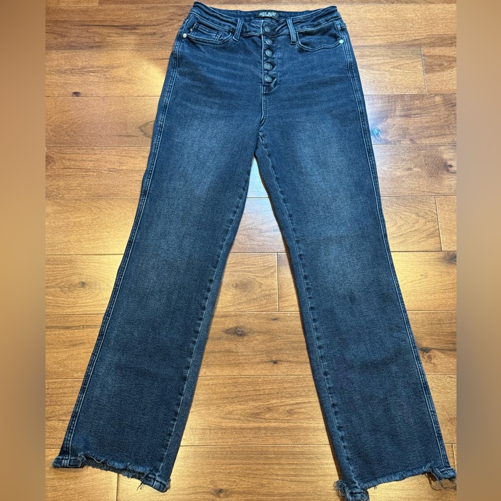 JUDY BLUE High Waist Button-Fly Destroy Hem Straight Denim Jeans - Picture 5 of 15
